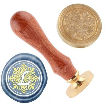 Imagem de Carimbo de lacre de cera letra L cobre 25 mm vintage destacável selo de latão e um padrão de cabo de madeira cabeça carta convite cartão convite casamento presente pacote feriados