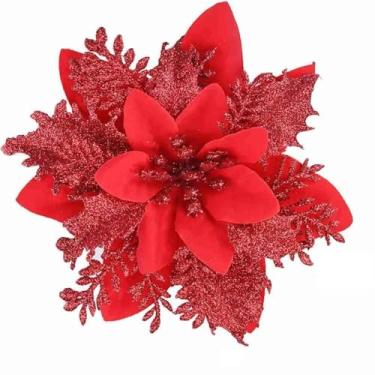 Imagem de Flores de Natal Artificiais com Glitter – 5/10/20 Peças Enfeites Decorativos para Árvore de Natal, Guirlanda e Decoração Festiva (5pcs*Vermelho Brilhante-14cm)