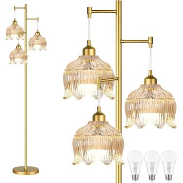 Imagem de ILLMTW Candeeiro de chão dourado para sala de estar, quarto, lâmpada de pé moderna de meados do século, árvore de latão, 3 lâmpadas de chão altas lâmpadas de chão vintage retro lâmpadas de vidro âmbar