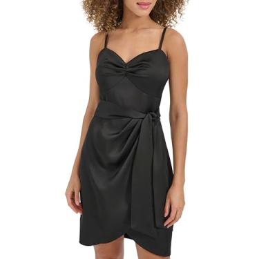 Imagem de Siena Minivestido feminino sem mangas com decote em cetim fosco e laço na cintura, Preto, 48