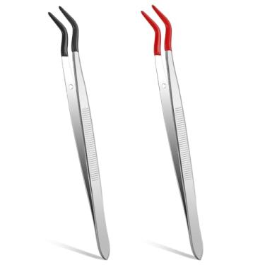 Imagem de Pinças com ponta de borracha, 2 peças de pinças de artesanato curvadas de aço inoxidável, revestidas de PVC, conjunto de pinças longas para artesanato, carimbos, moedas, joias, laboratório eletrônico