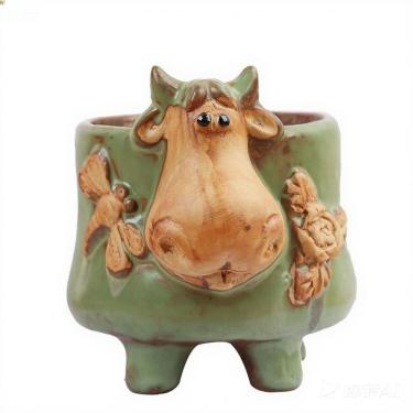 Imagem de Esmalte vintage com design de vaca em vaso de flores 8x8x11cm