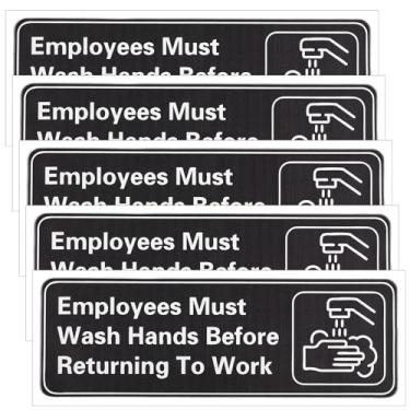 Imagem de Pacote com 5 placas Employees Must Wash Hands, placas de PVC para lavagem das mãos de 22 x 7,6 cm, sinalização autoadesiva para banheiro de escritório, uso interno/externo para negócios, restaurante