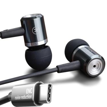 Imagem de Fones de ouvido com fio com cancelamento de ruído para chamadas, fones de ouvido intra-auriculares de graves dinâmicos com plugue USB C e microfone com cancelamento de ruído, isolamento de som de alta