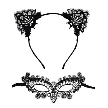Imagem de VIGUEUR Conjunto de acessórios para fantasia de Halloween de gato preto, máscara de renda com faixa de cabeça de orelhas de gato, fantasia de adulto