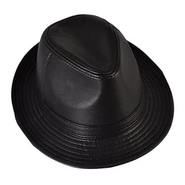 Imagem de uhyOHF Chapéu trilby de couro clássico masculino feminino chapéu de cavalheiro chapéu outono inverno sol jazz boné (preto-M