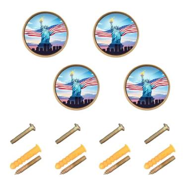 Imagem de Burbuja Puxadores de armário de cozinha Estátua da Liberdade, pacote com 4, puxadores redondos de 3,5 cm, puxadores de cômoda com parafusos para armários de cozinha, quarto, armário