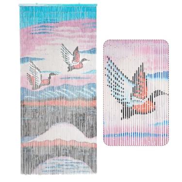 Imagem de TTM BAMBOO Cortina com contas de guindastes voadores sobre o pôr do sol do lago, cortina de porta suspensa pintada à mão, contas de madeira natural, 91 x 200 cm, 90 cordas, divisória de madeira feita