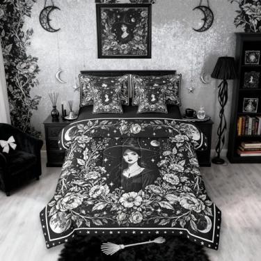 Imagem de Erosebridal Conjunto de edredom gótico Queen com lençol | Jogo de cama floral vintage de bruxa com 7 peças, galáxia e lua, decoração gótica preta