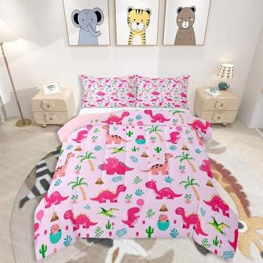 Imagem de jejeloiu Conjunto de edredom de dinossauro rosa, solteiro, para crianças, meninos, meninas, desenho fofo, animal, estampa de animais da selva, decoração de quarto de microfibra, 2 peças com 1 fronha