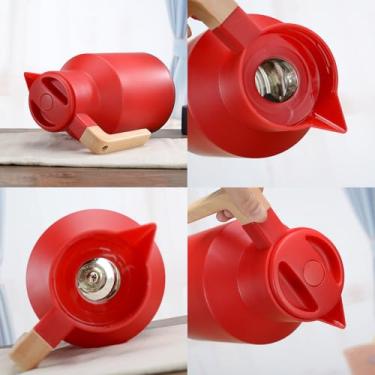 Imagem de Cafeteira Garrafa Isolada de Parede com Alça Madeira e Tampa Botão para Manter Quente ou Frio Café Suco Água em Casa Escritório