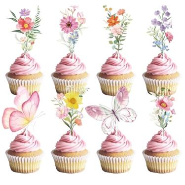Imagem de Deorfuy Decorações de festa de aniversário de flores silvestres - 40 peças de enfeites de cupcake de chá de bebê de borboleta e flor, decoração floral para bebês em flor, palhetas de cupcake para