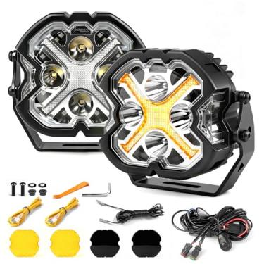Imagem de OFFROAD GAMERS Luzes LED de 10 cm estilo X branco e âmbar DRL Offroad luz de tiro lateral super brilhante com capa âmbar e luzes de vala para SUV UTV ATV
