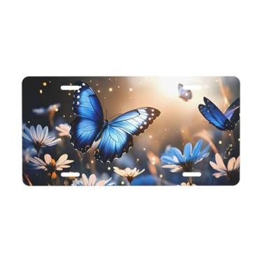 Imagem de Placa decorativa de borboleta azul e margarida. Placa de metal para carro. Etiqueta de vaidade. Placa de carro de alumínio Noverlty impermeável Colorfast 30 x 15 cm