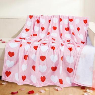 Imagem de Cobertor de flanela rosa para dia dos namorados, 127 x 152 cm, corações brancos e vermelhos, macio, felpudo, aconchegante, cobertor para dia dos namorados para sofá, cama, presente ideal para crianças