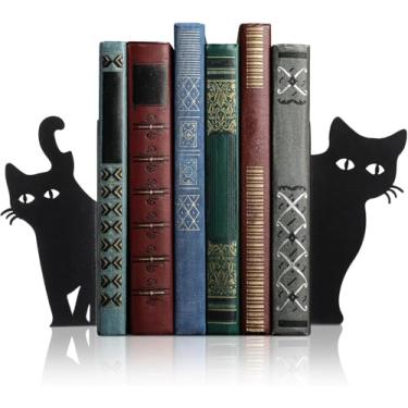 Imagem de Conjunto de 2 suportes de livros de metal para gatos com design de gato fofo para prateleiras de mesa de escritório em casa, decoração de sala de leitura para amantes de gatos e entusiastas de livros