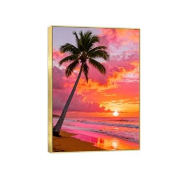 Imagem de Quadro dourado arte de parede paisagem impressões em tela - palmeira mar rosa nuvens - decoração pintura - imagens para quarto 40 x 55 cm 16 x 22 pol