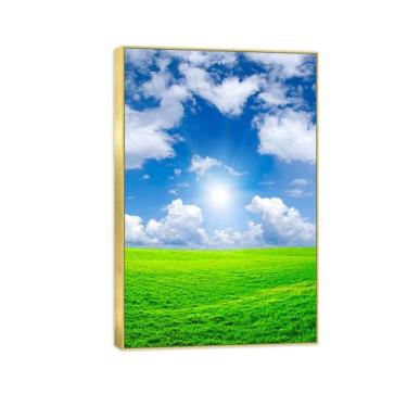 Imagem de Quadro dourado arte de parede paisagem impressões em tela - pastagem nuvens brancas - pintura decorativa - imagens para quarto 20 x 30 cm 8 x 12 pol