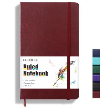 Imagem de FLEEKOOL Caderno pautado A5, caderno pautado universitário de couro com papel pautado de 100 g/m², 12,7 cm x 21 cm, capa dura, bolso interno - Borgonha