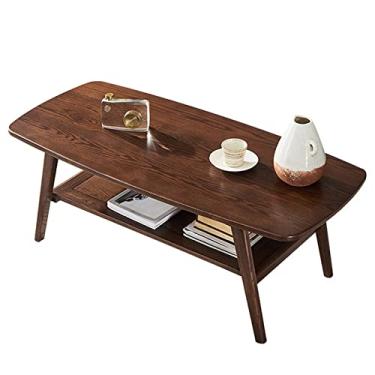 Imagem de Mesa de centro de madeira maciça, mesa de chá para sala de estar e quarto, mesa de centro moderna de 2 níveis, decoração de móveis de mesa de centro de meados do século, marrom de madeira