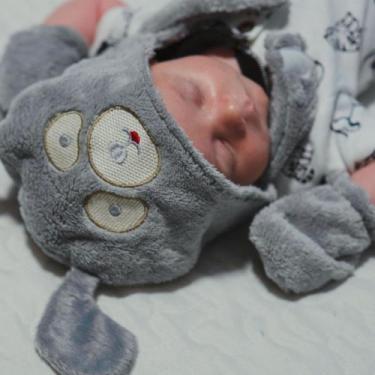 Imagem de Kit Gorro e Luvas para bebê Tamanho RN Baby Joy, Cachorro cinza