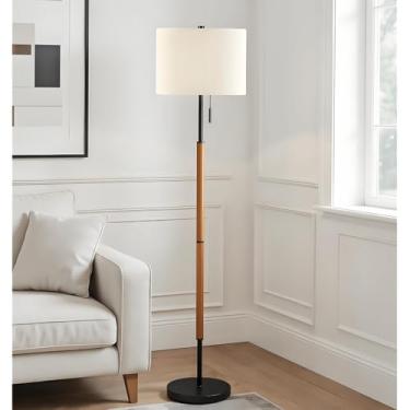 Imagem de EMORLO Luminária de chão marrom de 157,5 cm para sala de estar, luminária de chão de madeira regulável de 3 vias de 1200 LM para quarto e escritório, abajur alto de madeira, abajur de linho, lâmpada