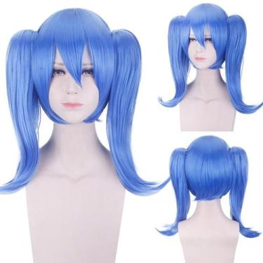 Imagem de Peruca de cosplay azul claro com cauda dupla curta com franja de 40 cm