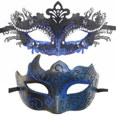 Imagem de Máscara veneziana preta e azul com brilho elegante de meia face - yiwe