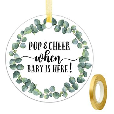 Imagem de Etiquetas para lembrancinhas de mini garrafa de champanhe para chá de bebê, etiquetas Pop and Cheer When Baby is Here, etiquetas para lembrancinhas de chá de bebê de champanhe, 5 cm, 50 unidades com fita dourada