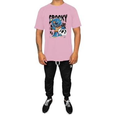 Imagem de Kit Conjunto Masculino Camiseta Algodão e Calça Moletom Casual Estampado Urso Azul (Rosa, G)