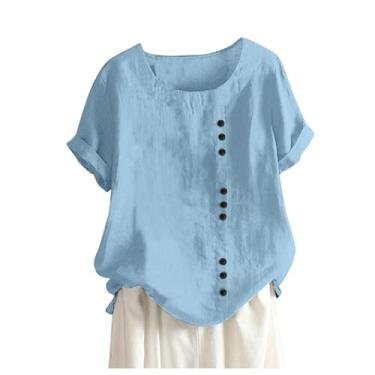 Imagem de Camiseta feminina de linho, cor lisa, gola redonda, caimento solto, manga curta, túnica de verão, Azul, P