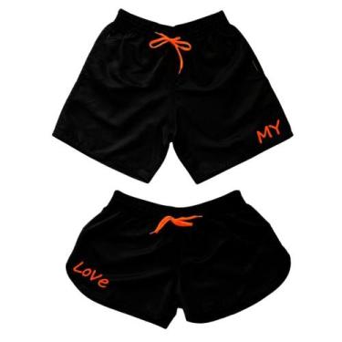 Imagem de Kit Casal Feminino e Masculino Short Moda Praia Tactel Bermuda Frase M