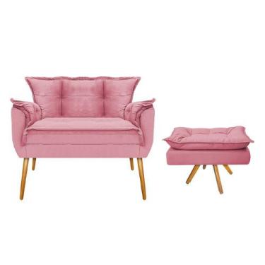 Imagem de Kit Namoradeira e Puff Opala Base Giratória de Madeira Suede Rosa Bebê