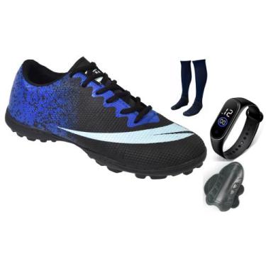 Imagem de Chuteira Society Adulto Infantil com Meião Caneleira e Relogio New - P