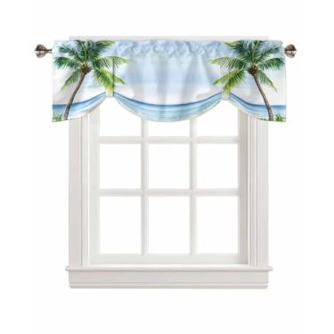 Imagem de Cortinas de amarrar com palmeira Ocean Beach para janelas, decoração de ilha tropical de verão à beira-mar com bolso de haste, tratamento de janela curta ajustável para cozinha, sala de estar