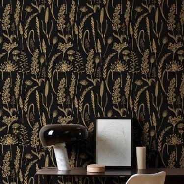 Imagem de JiffDiff Descole e cole papel de parede floral preto e glod papel de parede floral fazenda selvagem trigo prado papel de parede removível para quarto papel de parede moderno amigável para locatários