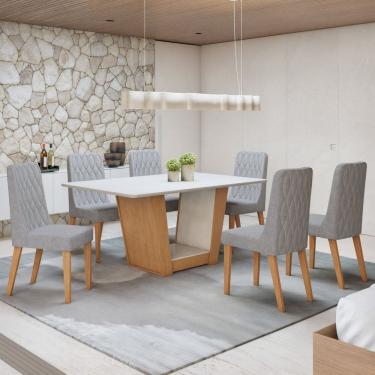 Imagem de Conjunto Apogeu 160cm Tampo MDF com 6 Cadeiras Luar Amêndoa Clean/Off White/Cinza