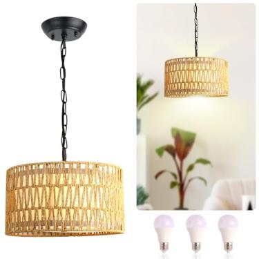 Imagem de MHYFYH Lustre De Vime Mhyfyh, Luminária Pendente Estilo Boho Com 3 Lâmpadas E Cúpula Tecido, Altura Ajustável, Rústico, Tecido À Mão, Para Sala Jantar Ou Ilha Cozinha (Marrom, Redondo)