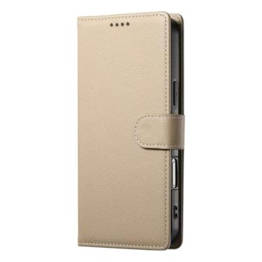 Imagem de LYJSMGZ Capa flip para iPhone 16E, textura lichia couro granulado fecho magnético capa de telefone fólio TPU macio proteção contra quedas, ouro, 16E