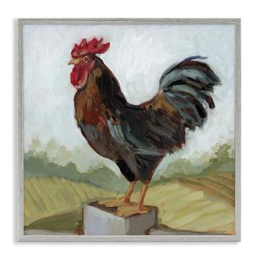 Imagem de Stupell Industries Galo empoleirado em cerca cinza giclée design de arte por Susan Winget, 43 x 43 cm