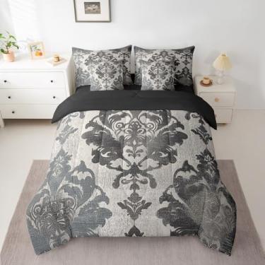 Imagem de Feelyou Conjunto de edredom cinza preto damasco com lençol gótico, estilo vitoriano, barroco, 7 peças, tamanho king, para meninas e mulheres, vintage, floral, em uma bolsa