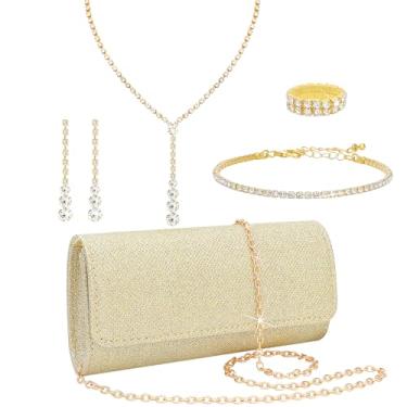 Imagem de NEWITIN Conjunto de 5 peças de joias de strass para mulheres, joias de formatura, bolsa de embreagem de cristal, colares, pulseiras, brincos, conjunto de joias de prata para mulheres noivas