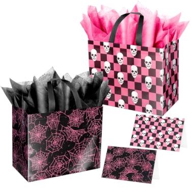 Imagem de ysmile Bolsa de presente de rede de caveira de Halloween com papel de seda para homens, mulheres, meninos e meninas, 32 cm, pacote com 2, preto e rosa