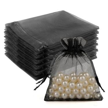 Imagem de Crweety 50 peças de sacos de organza 7,6 x 10,2 cm, pequenos sacos de presente de malha transparente, cordão, sachê, lembrancinhas de festa, bolsa a granel para embalagem de joias, doces, Natal (preto