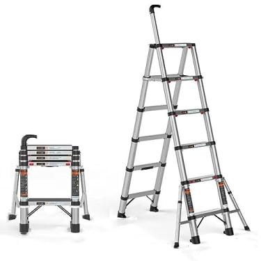Imagem de Escada telescópica de 5 degraus/6 degraus, extensão de alumínio leve, escada em A com estabilizadores triangulares e corrimãos, capacidade máxima de 150 kg, escada dobrável