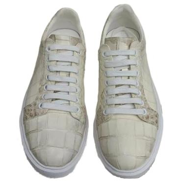 Imagem de Tênis masculino autêntico de couro de crocodilo exótico unissex branco couro de jacaré genuíno com cadarço casual, Branco, 39