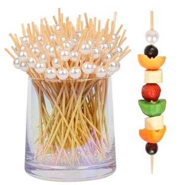 Imagem de 100 palitos extravagantes para aperitivos, palitos de coquetel de pérola branca de 12 cm para bebidas, espetos de aperitivo de bambu para acessórios de tabuleiros de charcutaria, martini, sanduíche