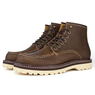 Imagem de Psanfawq Bota de trabalho masculina com biqueira moc de 15 cm – Bico macio, couro de flor integral premium com sola antiderrapante e palmilha confortável, botas de cano baixo resistentes com cadarço