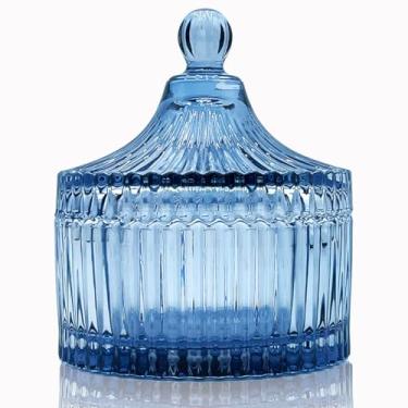 Imagem de YILUSHENGHUA Pote de Vidro Colorido com Tampa, Prato de Pó de Arroz, Caixa de Joias, Pote de Bufê, Recipientes para Biscoitos, Armazenamento de Alimentos, Pote Decorativo (Cinza-Azul)