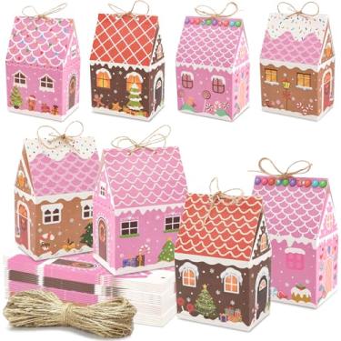 Imagem de yunhuatdm 48 caixas de presente de Natal com alça, rosa para casa de pão de gengibre de Natal, caixas de lembrancinhas de presente para festa de Natal, aniversário, chá de bebê, 4 designs